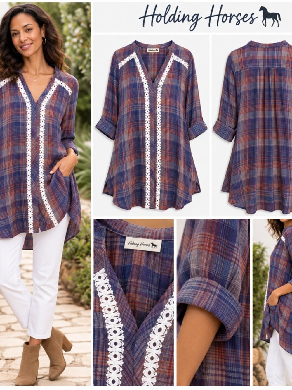 Holding Horses Anthropologie Plaid Lace Tunic Blouse Boho Western Cottagecore S